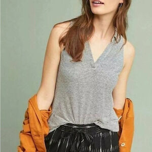 Maeve by Anthropologie Carolina Collared Stripe Linen Blend Polo Tank Size S